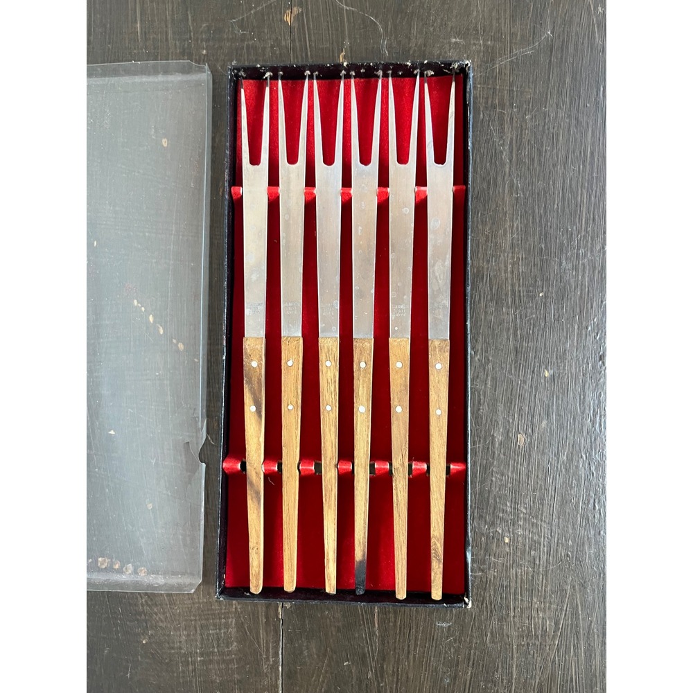 Set of 6 Stainless Steel Fondue Forks Wood Handles Vintage Made in Japan